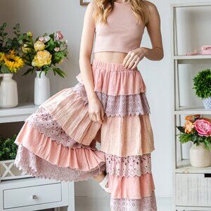Elegant Pink Tiered Lace Pants